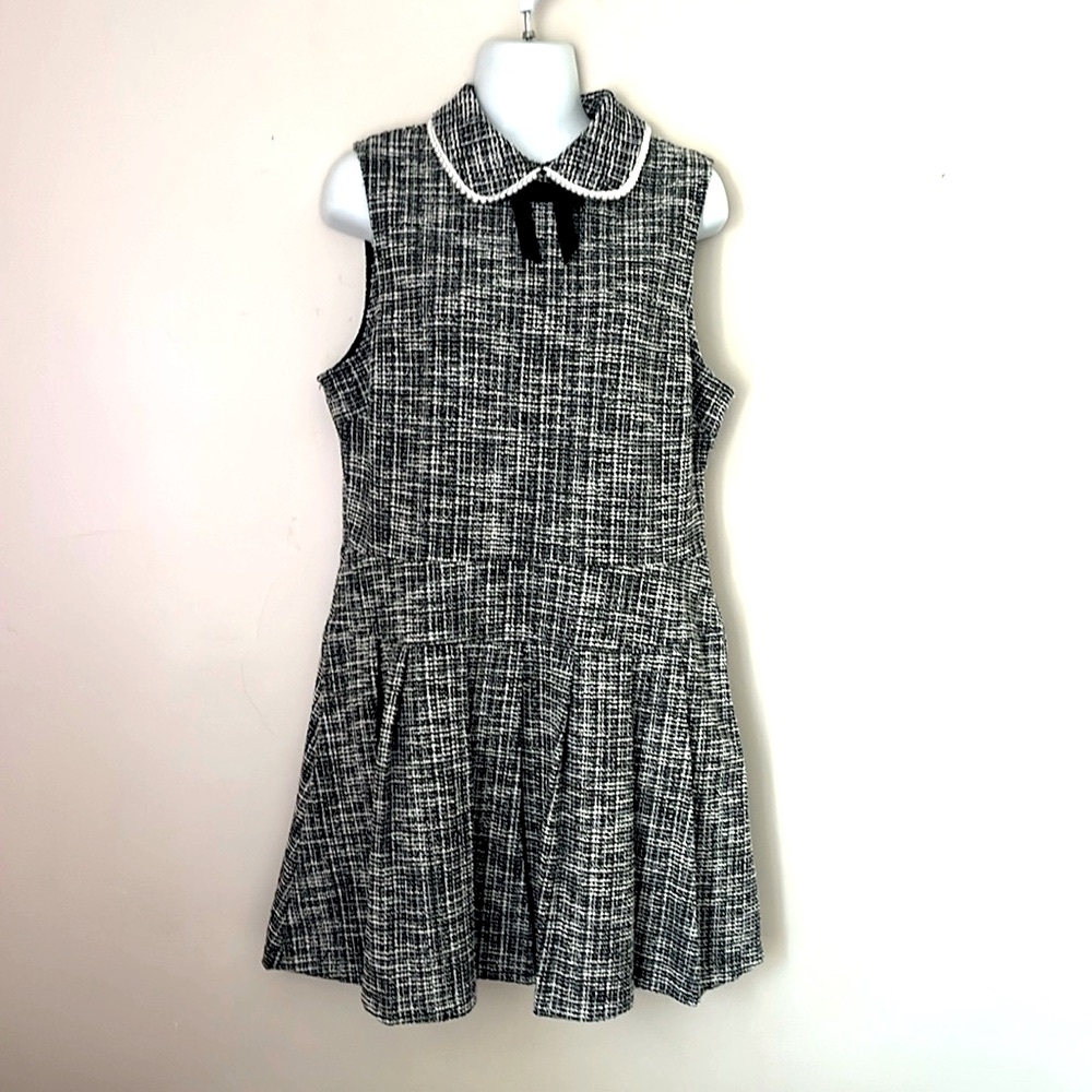 Black white tweed look‎ pearl trim peter pan collar pleated skirt dress size XL
